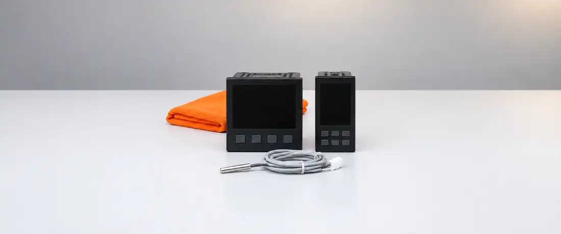 Dois controladores de temperatura de painel de formatos diferentes, de frente, com um sensor de bainha curta à frente