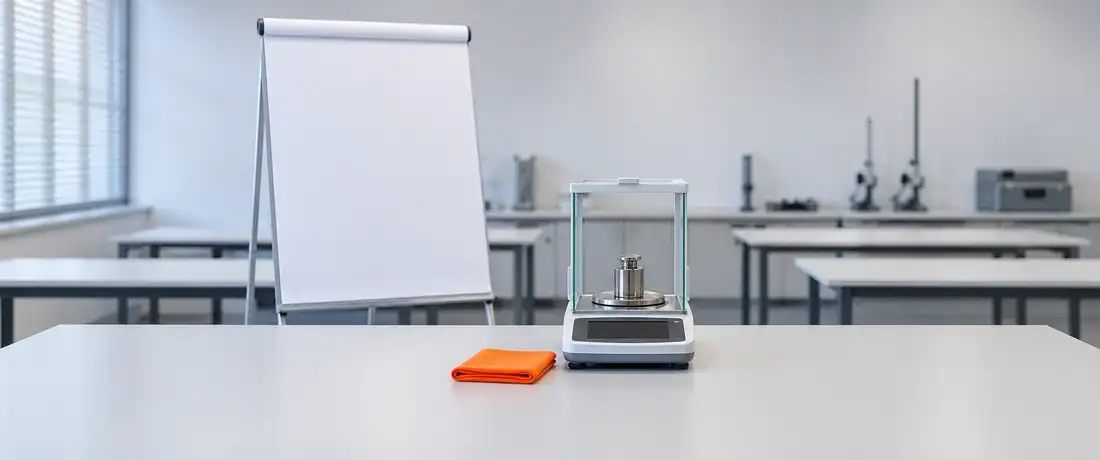 Cavalete de apresentação em branco ao lado de uma mesa com uma balança de precisão e um peso-padrão, numa sala de treinamento