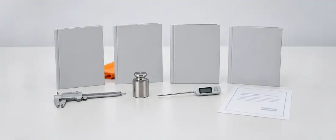 Quatro apostilas lisas lado a lado, cada uma com um instrumento ou um certificado à frente, sobre a mesa de treinamento