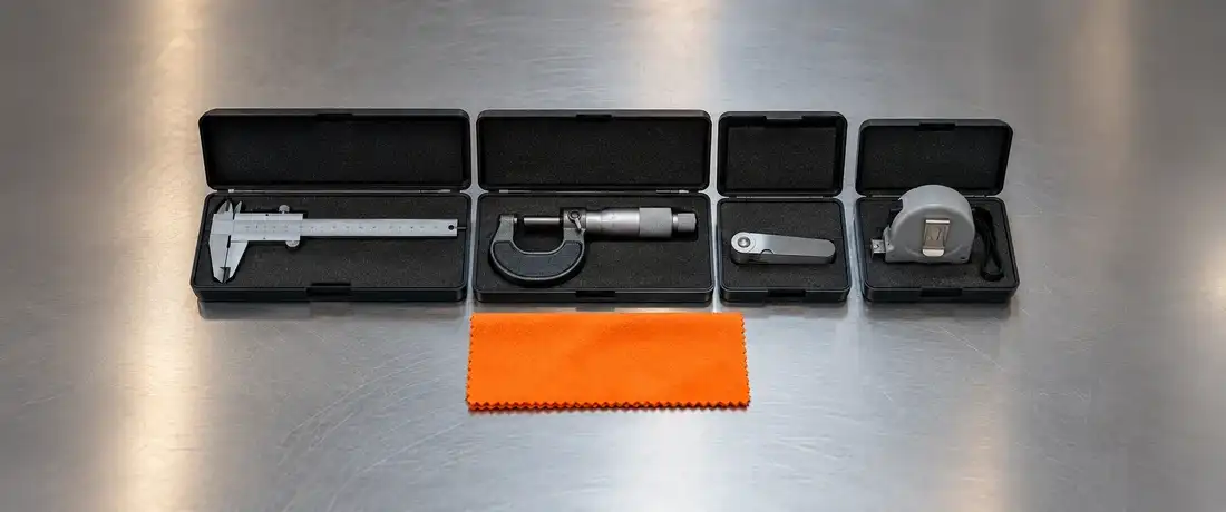 Paquímetro, micrômetro, calibre de folga e trena em estojos abertos lado a lado, com um pano laranja à frente