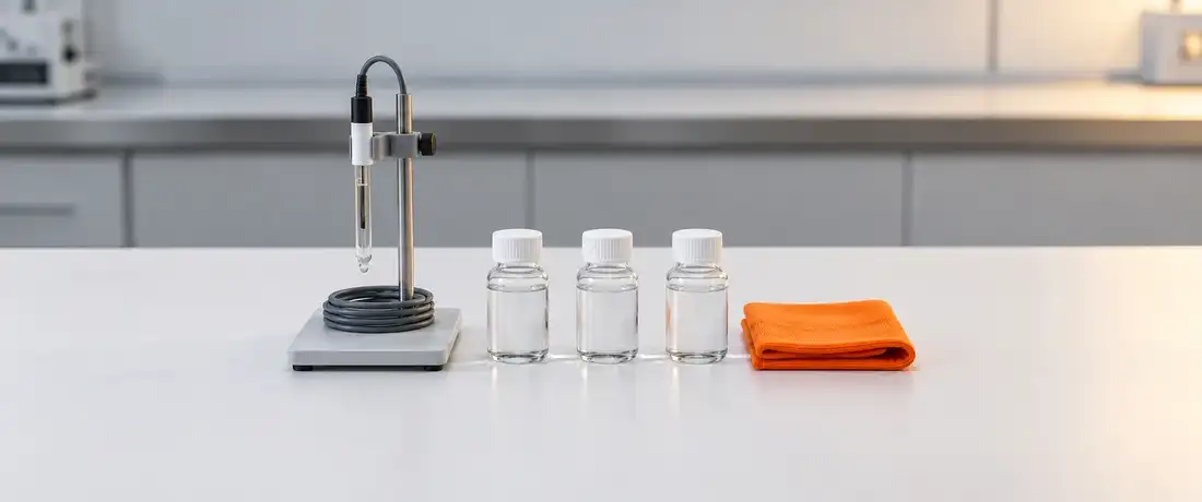 Três frascos de solução-tampão incolores em fila e um eletrodo de pH no suporte, sobre a bancada do laboratório