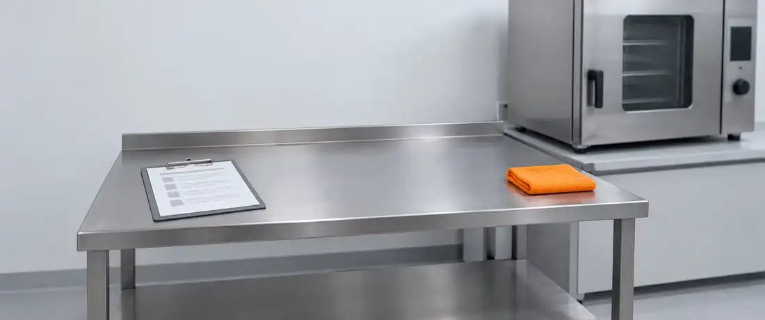 Mesa de apoio de aço limpa e livre ao lado de um equipamento instalado, com uma prancheta de lista na ponta