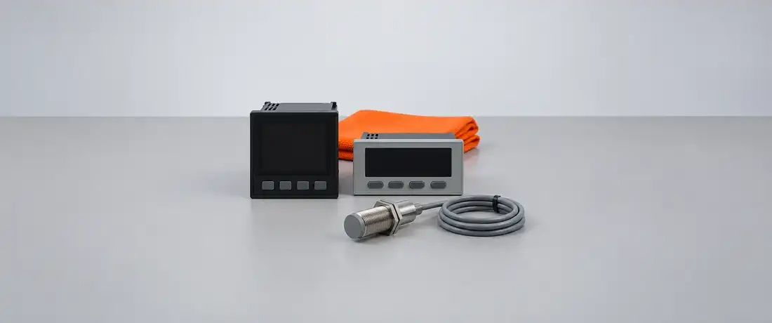 Dois indicadores de velocidade de painel de formatos diferentes, de frente, com um sensor indutivo de inox à frente