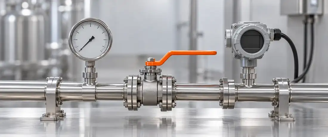 Linha de processo de inox com manômetro, válvula de esfera de alavanca laranja e transmissor de pressão