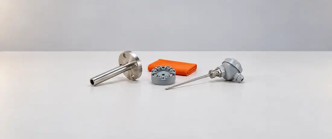 Três peças de uma malha de temperatura em fileira: poço termométrico de inox, transmissor de cabeçote em disco e um PT100