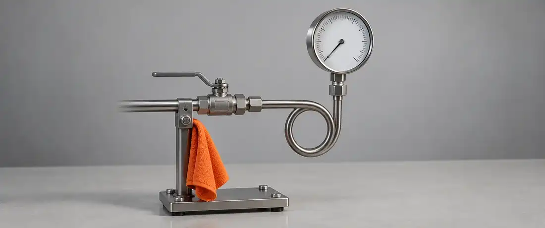 Manômetro de ponteiro montado sobre um sifão em espiral de inox, numa montagem de demonstração na bancada