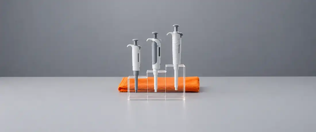 Três micropipetas de tamanhos diferentes em pé, em escada, num suporte de acrílico transparente sobre a bancada