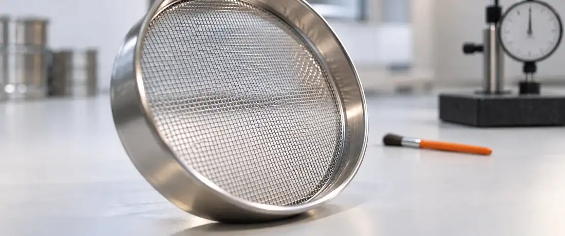 Tela de malha quadrada de uma peneira de ensaio de inox em close, com um pincel laranja ao lado