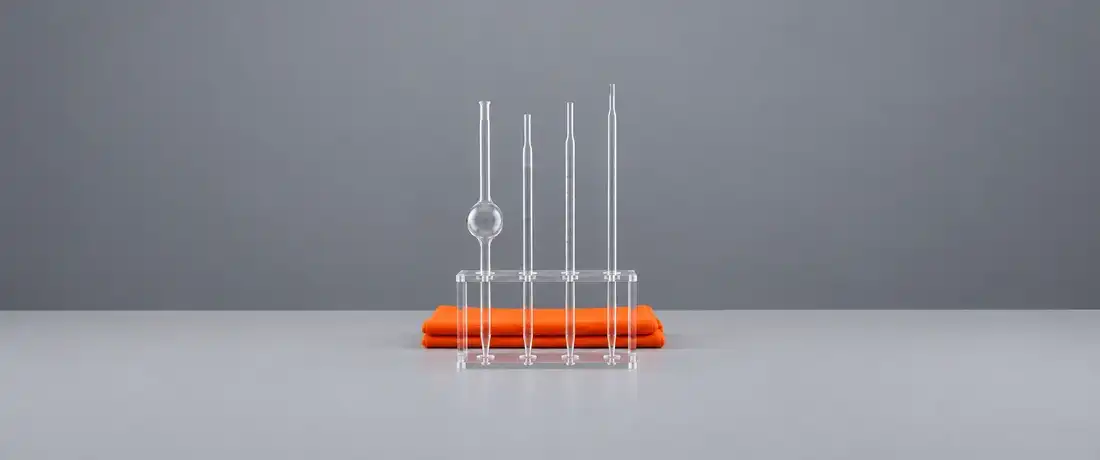 Quatro pipetas de vidro de tipos diferentes em pé num suporte vertical de acrílico transparente sobre a bancada