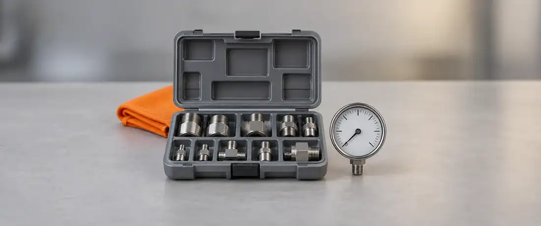 Estojo de adaptadores de rosca de inox aberto, ao lado de um manômetro pequeno, sobre a bancada clara