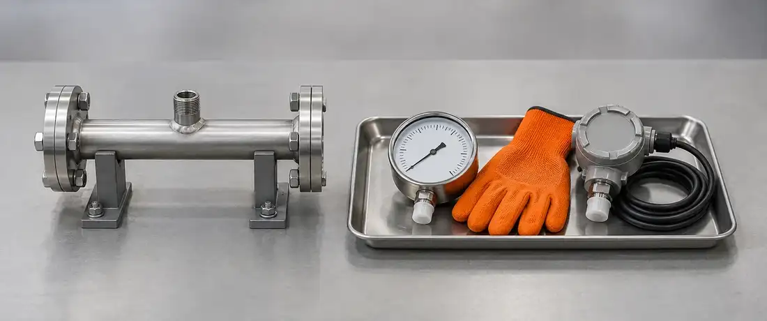 Manômetro e transmissor retirados da linha numa bandeja, ao lado de um tubo de inox com a tomada de pressão livre