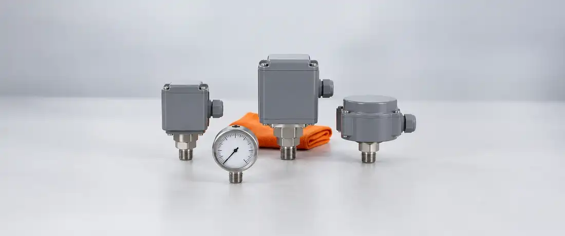 Três pressostatos de tamanhos diferentes enfileirados, com um manômetro de caixa de inox à frente, na bancada clara