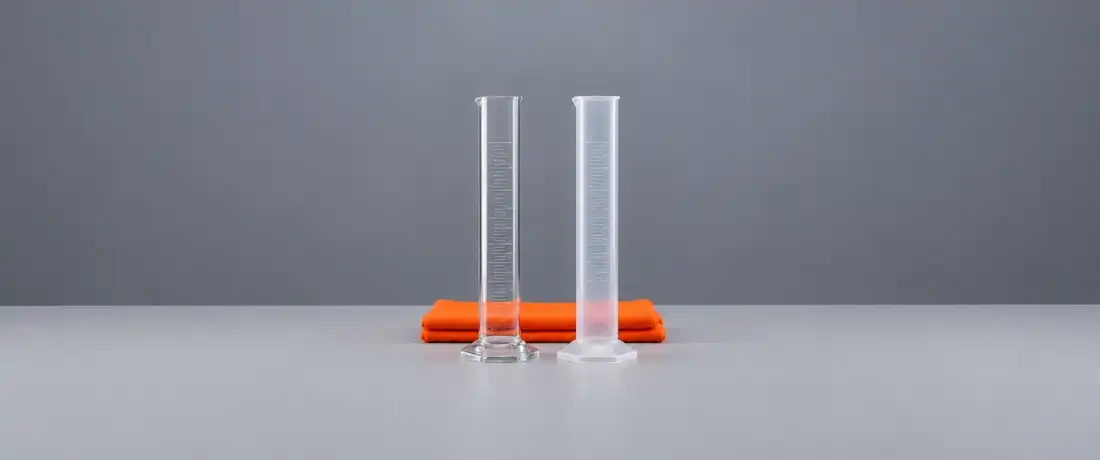 Duas provetas de 250 mL vazias lado a lado, uma de vidro e outra de plástico translúcido, em pé sobre a bancada