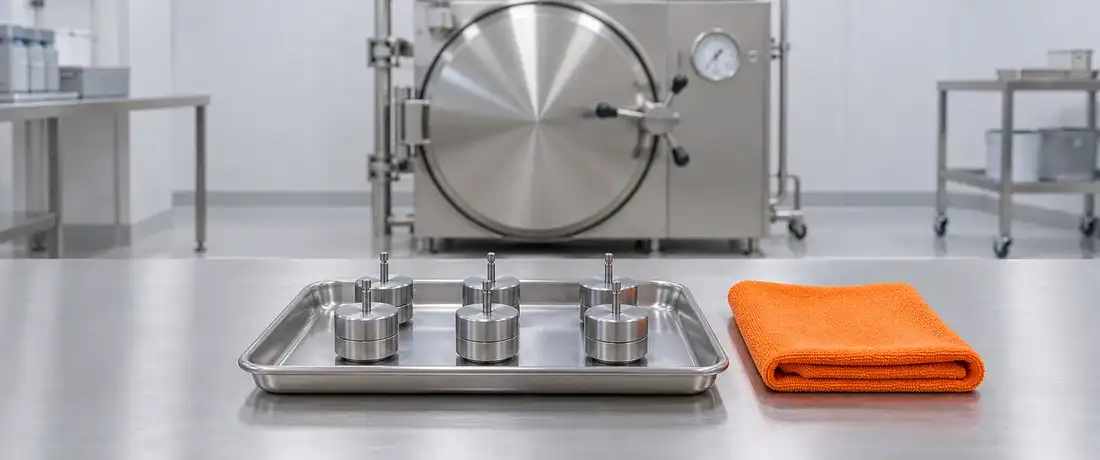 Bandeja de aço com seis registradores de temperatura cilíndricos, de inox, à frente de uma autoclave fechada ao fundo