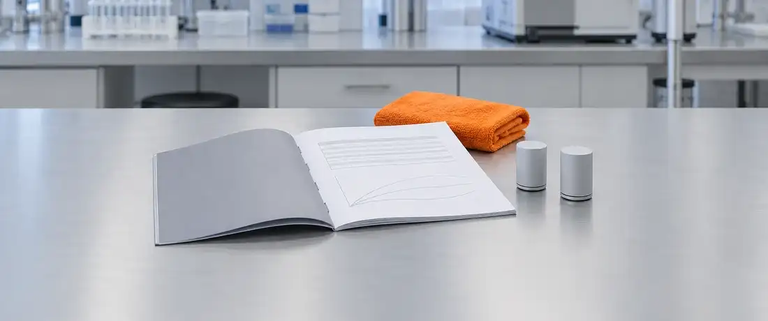 Relatório de qualificação aberto sobre a bancada, ao lado de dois registradores de temperatura
