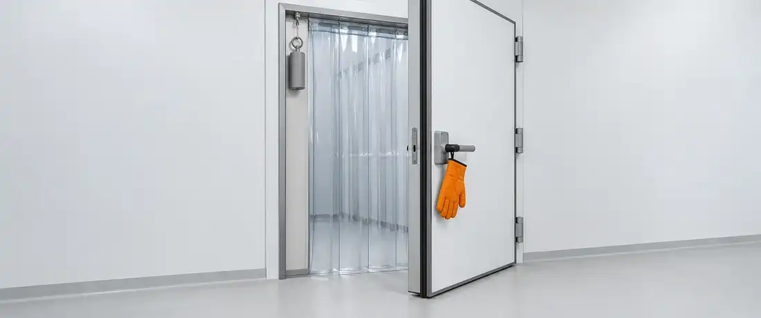 Porta de câmara fria entreaberta, com cortina de lâminas de plástico e um registrador de temperatura preso ao batente