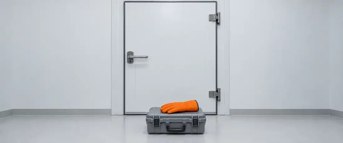Porta de uma câmara fria fechada, com uma maleta de registradores no piso à frente