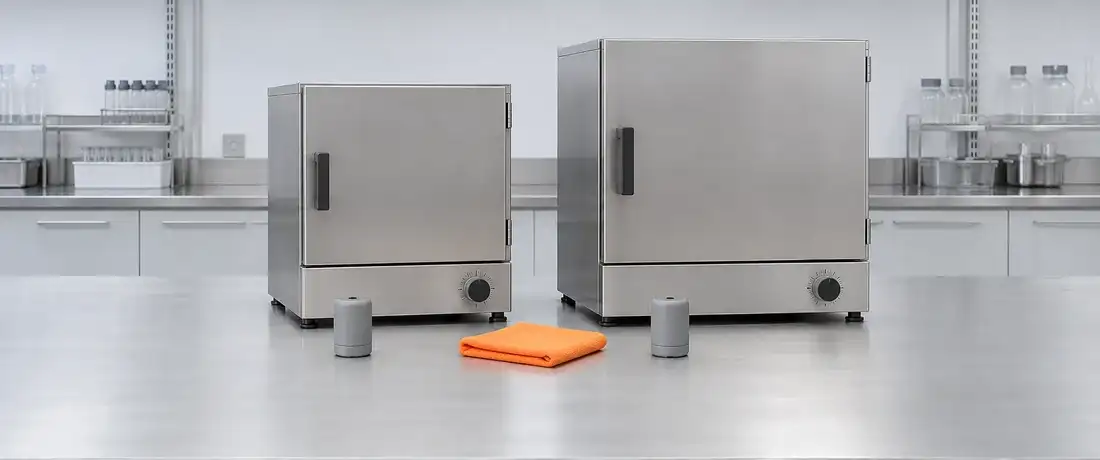 Duas estufas de laboratório de tamanhos diferentes lado a lado, cada uma com um registrador de temperatura à frente