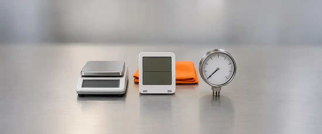 Balança de precisão compacta, termo-higrômetro de mesa e manômetro de caixa de inox enfileirados na bancada clara