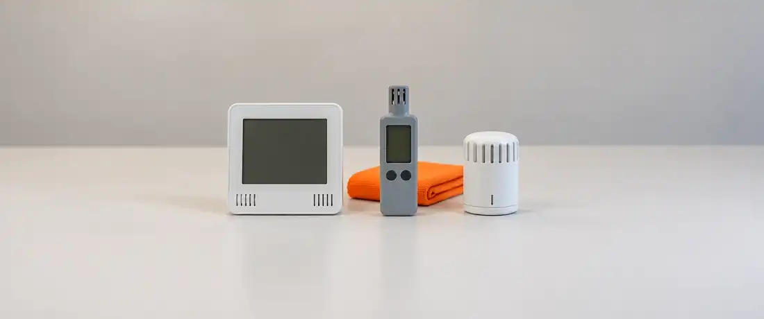Três termo-higrômetros de formatos diferentes, de parede, de bolso e registrador, lado a lado com os displays apagados