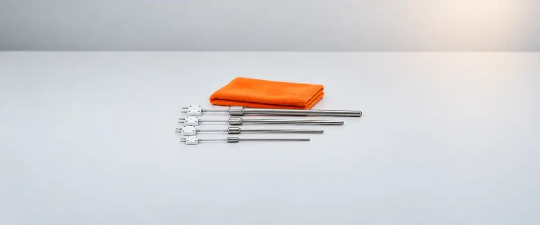 Quatro termopares de bainha de inox de comprimentos e diâmetros diferentes, deitados em paralelo com conectores brancos