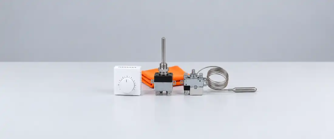 Três termostatos de tipos diferentes em fileira: de ambiente, de haste rígida de inox e de bulbo com capilar