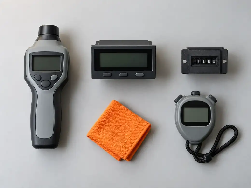 Tacômetro, indicador de painel, contador de ciclos e cronômetro vistos de cima, cada um no seu espaço, com um pano laranja