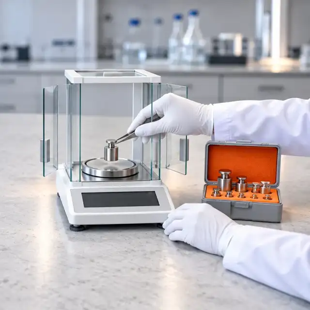 Mãos de jaleco colocam um peso-padrão no prato de uma balança de precisão na bancada do laboratório