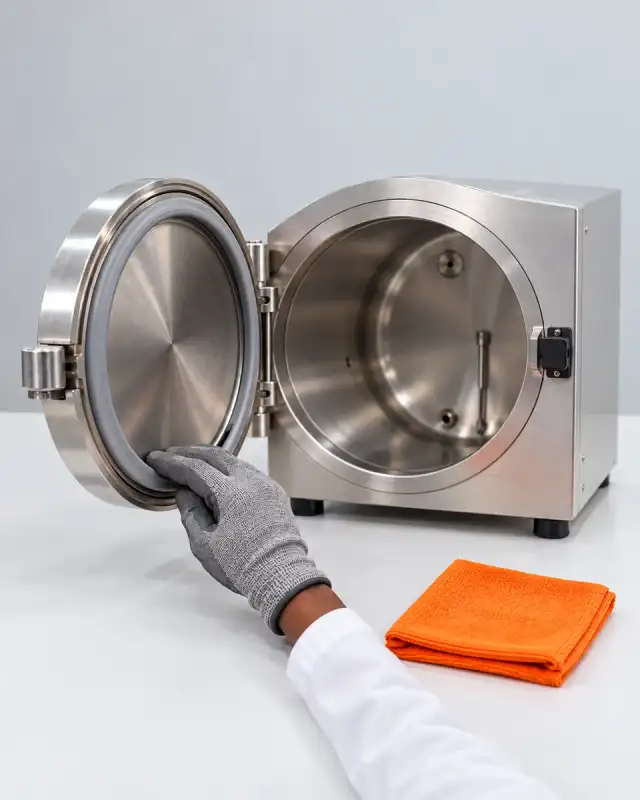 Anel de vedação da porta de uma autoclave tocado por mão de luva térmica cinza, com a câmara de inox vazia ao fundo