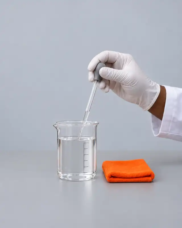 Mão de luva branca aperta o bulbo de uma pipeta de Pasteur para acertar a água de um béquer no traço da graduação