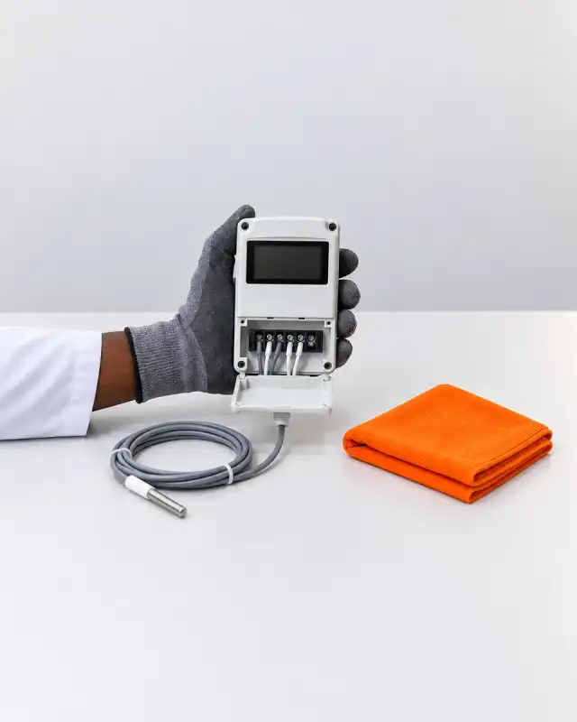 Tampa dos bornes aberta num indicador digital de câmara fria, segurado por mão de luva térmica cinza, com o cabo ao lado