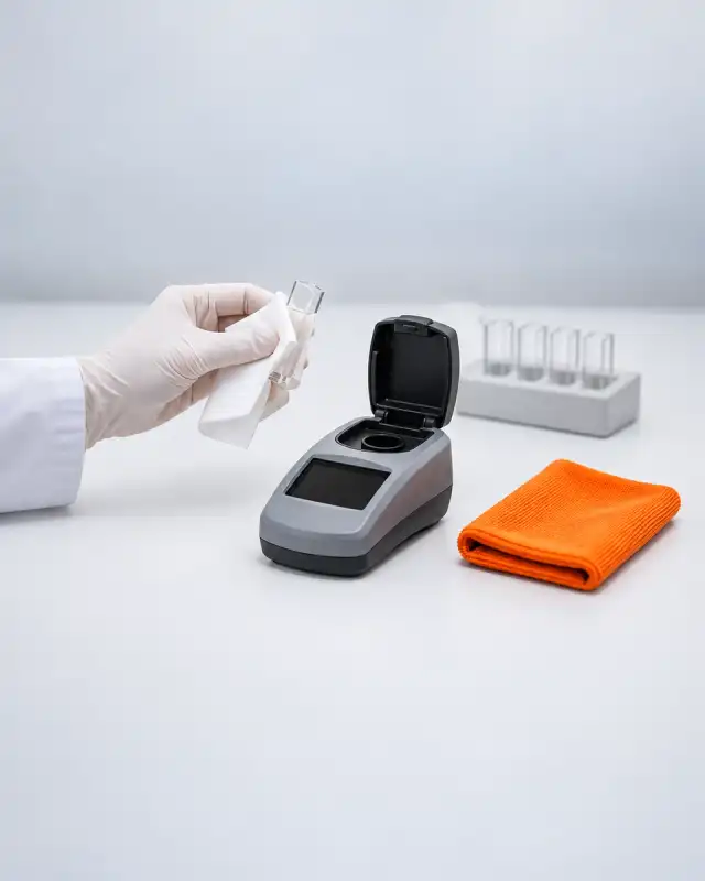 Cubeta de vidro limpa com lenço branco por mão de luva, ao lado de um clorímetro portátil de compartimento aberto