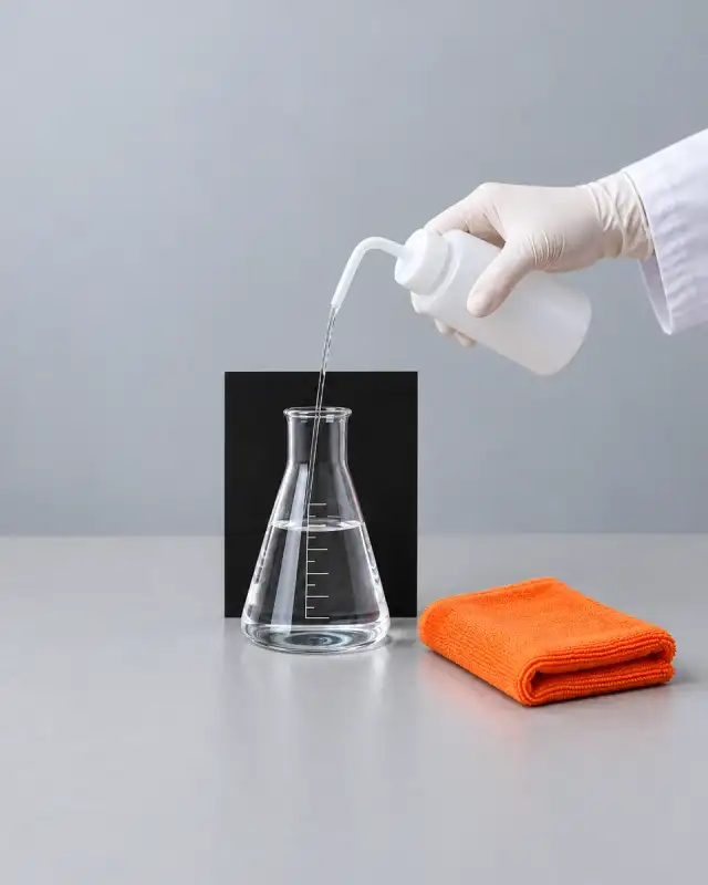 Pisseta branca enche um erlenmeyer de 250 mL, com um cartão preto atrás do frasco para realçar o nível da água