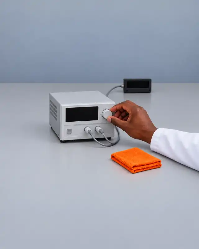 Botão de uma fonte de alimentação de bancada girado por mão de jaleco, com um cabo cinza seguindo para um indicador ao fundo