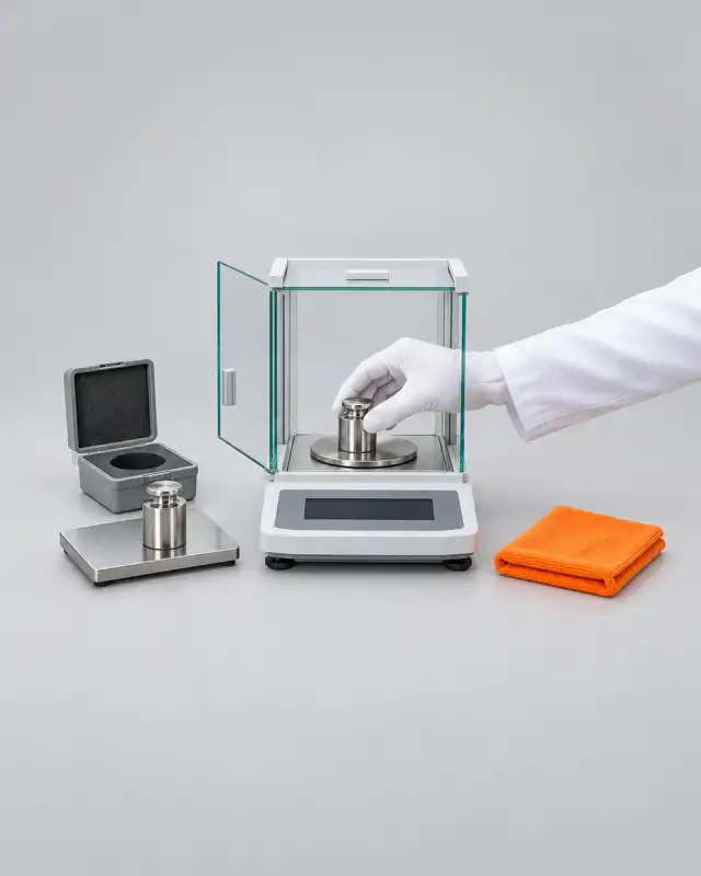Massa-padrão de inox assentada por mão de luva no prato de uma balança comparadora, com a massa de referência ao lado