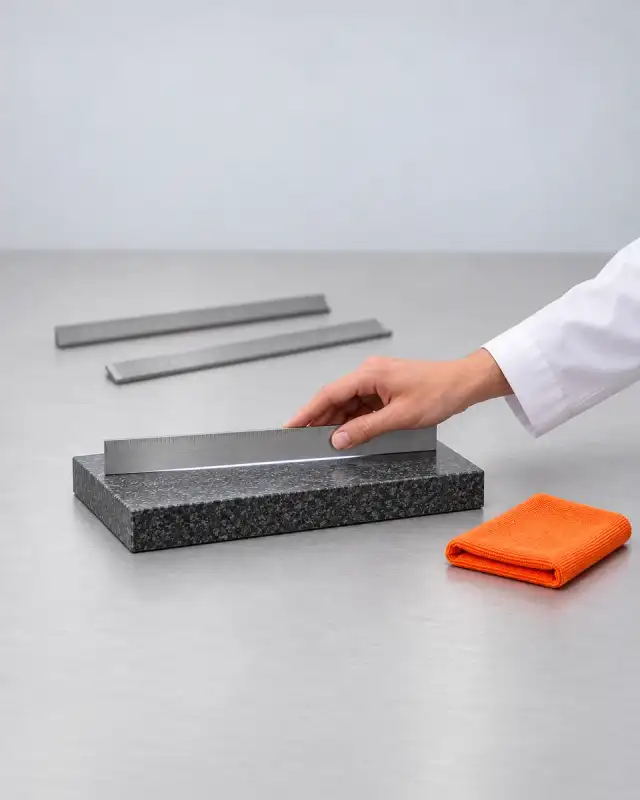 Régua de aço deslizada por mão de jaleco sobre um desempeno de granito, com uma fresta de luz por baixo