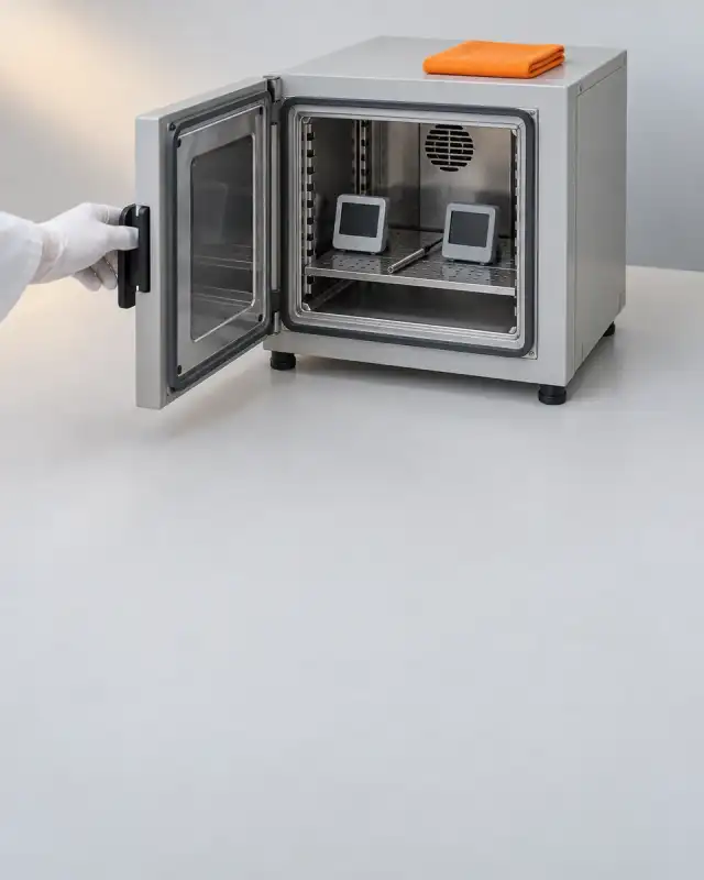 Mão de luva abre a porta de uma câmara climática de bancada, com termo-higrômetros e uma sonda lado a lado dentro
