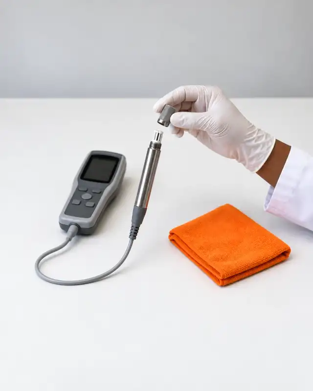 Filtro protetor da ponta da sonda de um termo-higrômetro desrosqueado por mão de luva branca, com o corpo do aparelho ao lado