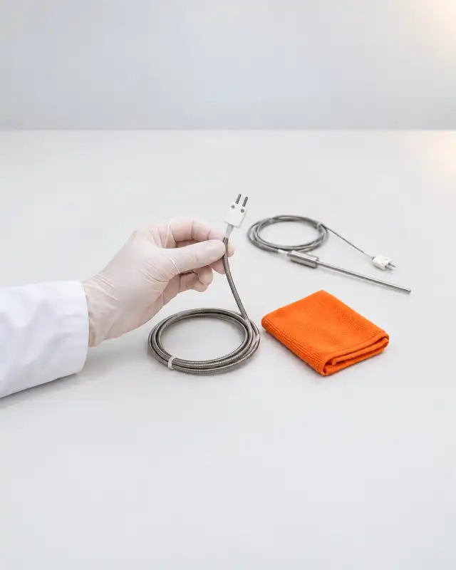 Cabo de um termopar de bainha flexível conferido entre os dedos de uma mão de luva branca, perto do conector miniatura branco