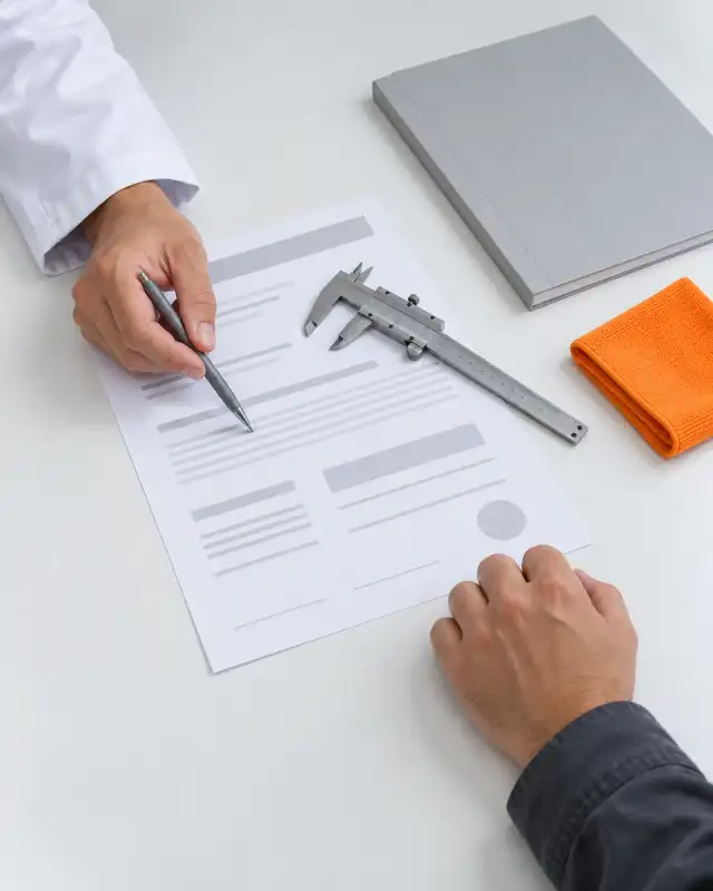 Mão de jaleco aponta com uma caneta uma linha de um certificado de exemplo, com um paquímetro e uma apostila sobre a mesa