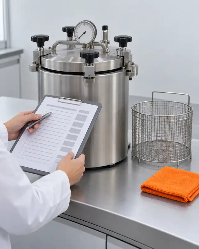 Mão de jaleco segura uma prancheta com a lista de ciclos diante de uma autoclave de bancada, com um cesto vazio ao lado