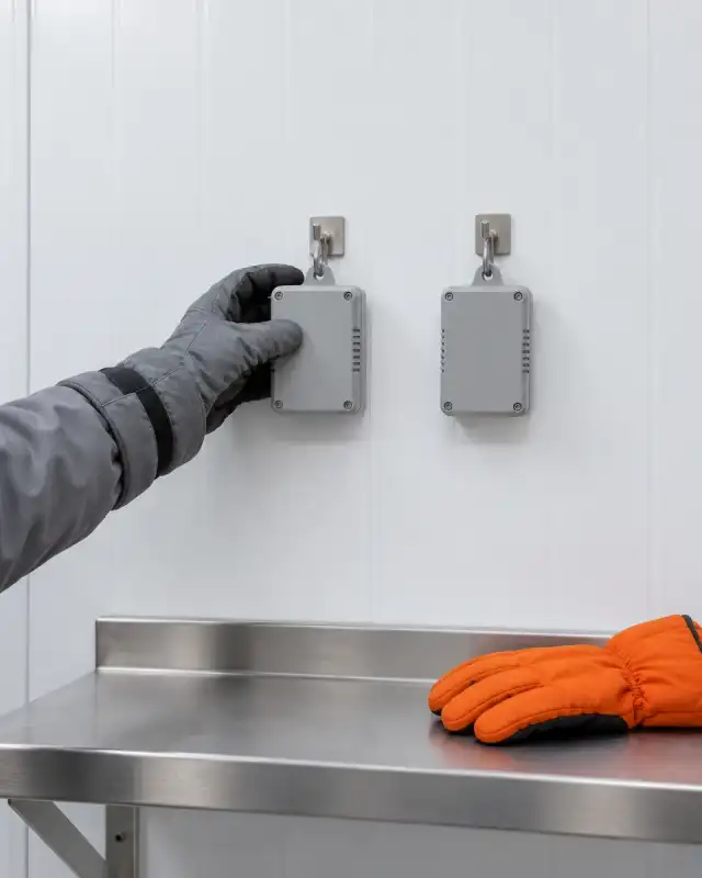 Mão de luva pendura um registrador de temperatura e umidade num gancho do painel, com outro já pendurado ao lado